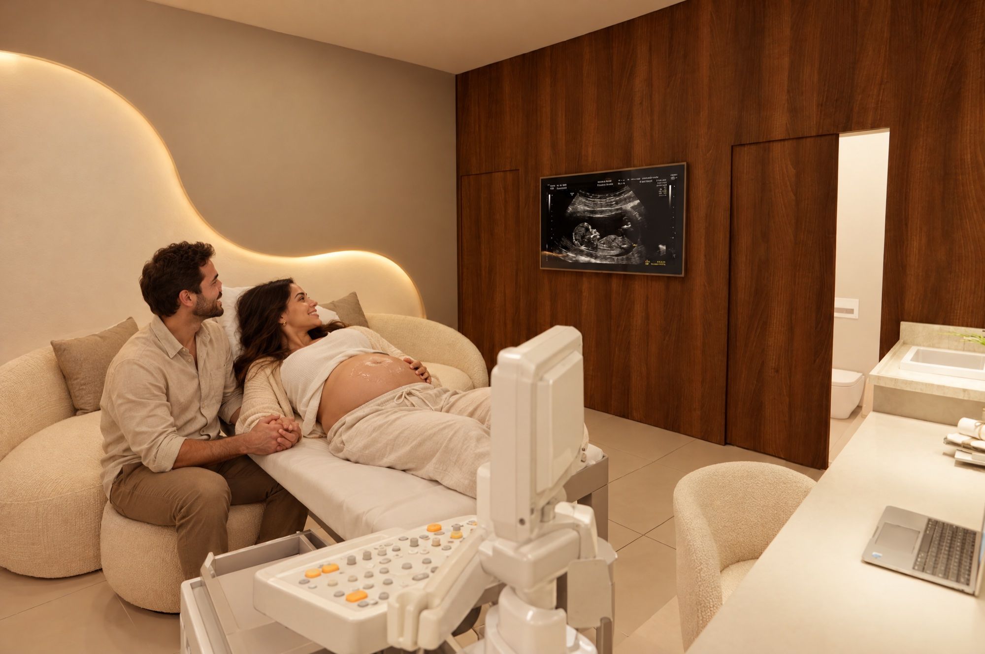 Casal acompanhando um exame de imagem na sala da clínica